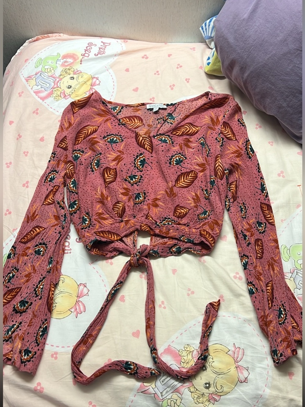 Pink floral tie back blouse